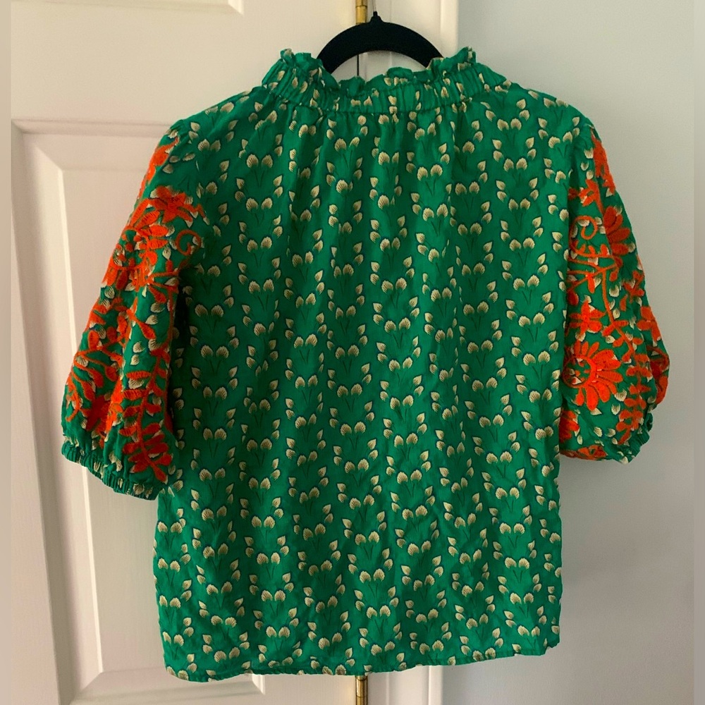 THML Say It All Green Millie embroidered puff sleeve top blouse XL